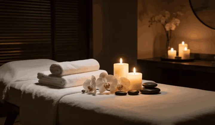 Luxury day spa treatment room with candles and towels