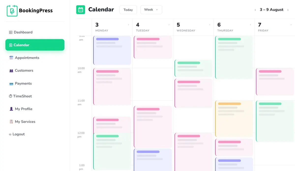 BookingPress staff member panel with personal schedule