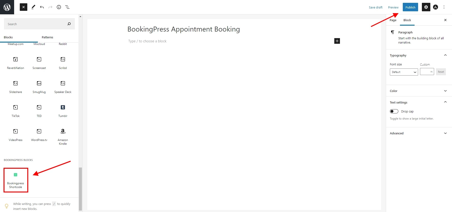 BookingPress shortcode screen