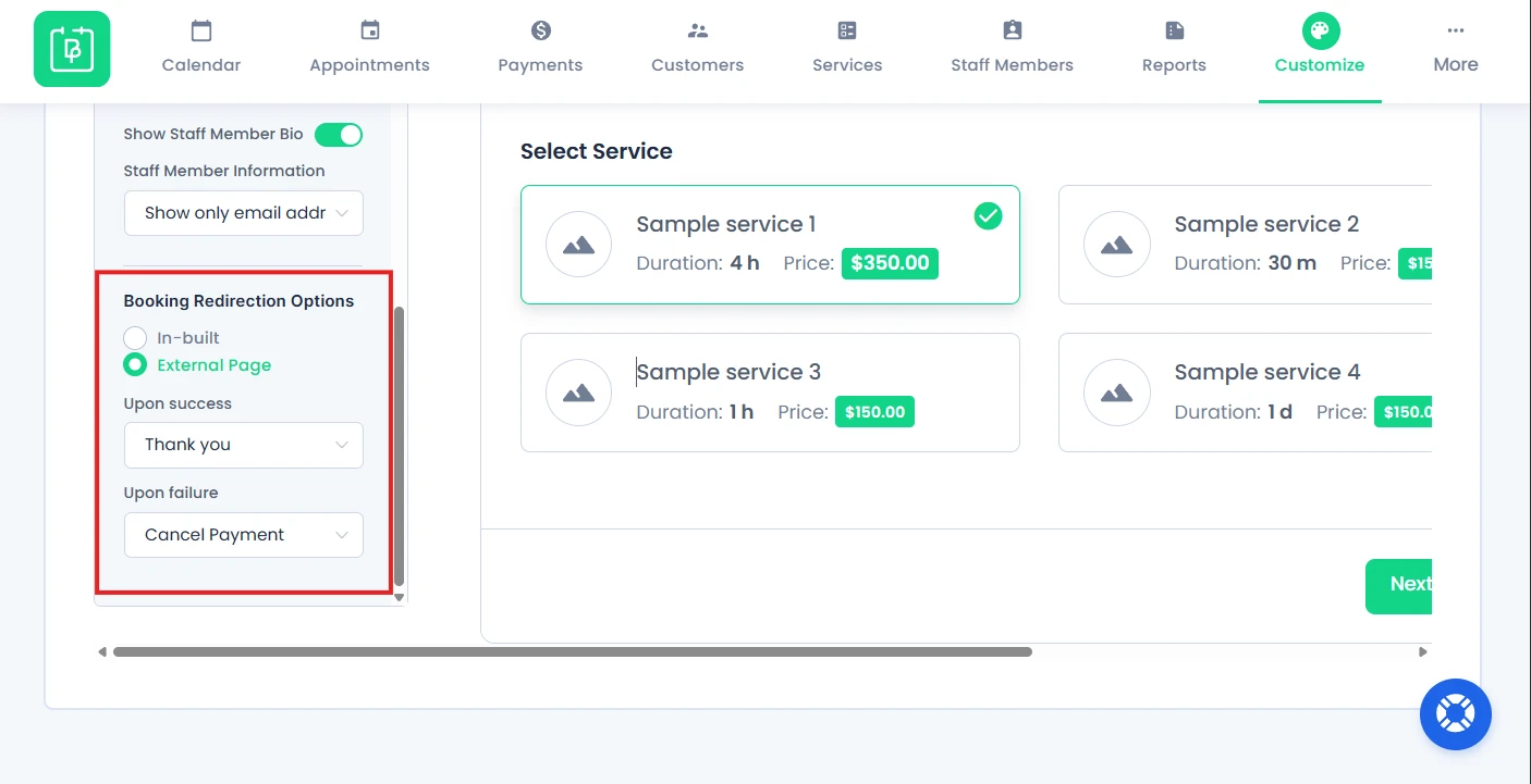 Booking Redirection Options
