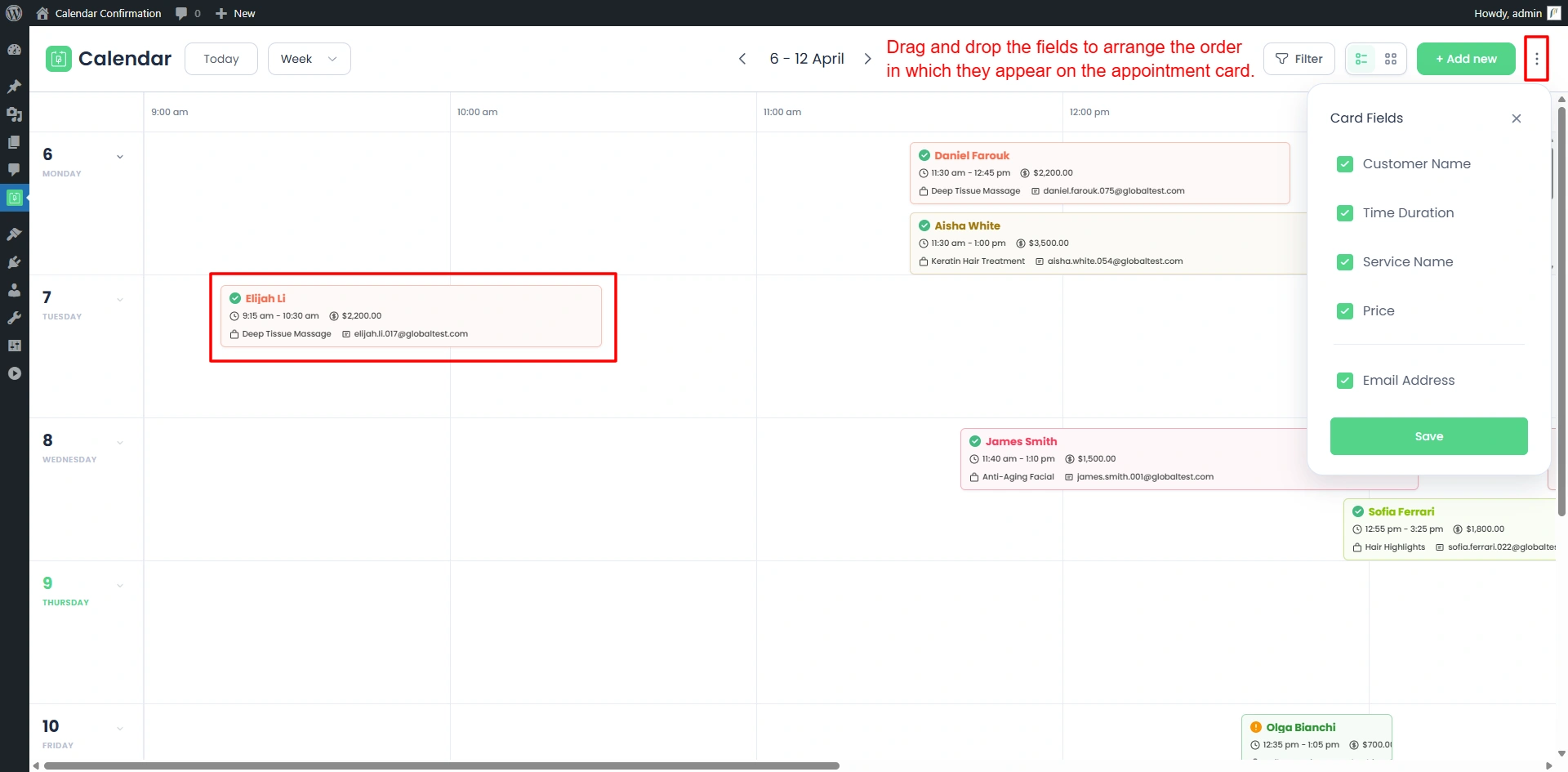 BookingPress Calendar Card fields