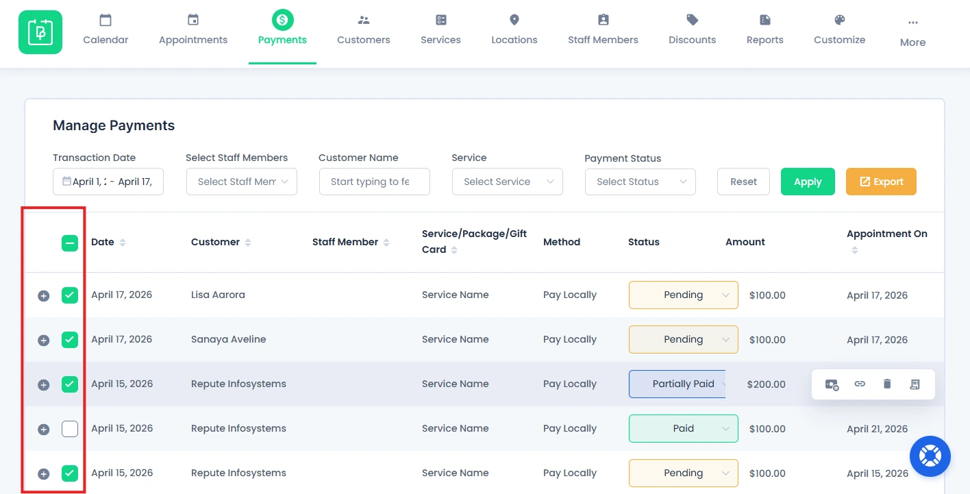 Checking the Checkboxes for Bulk action