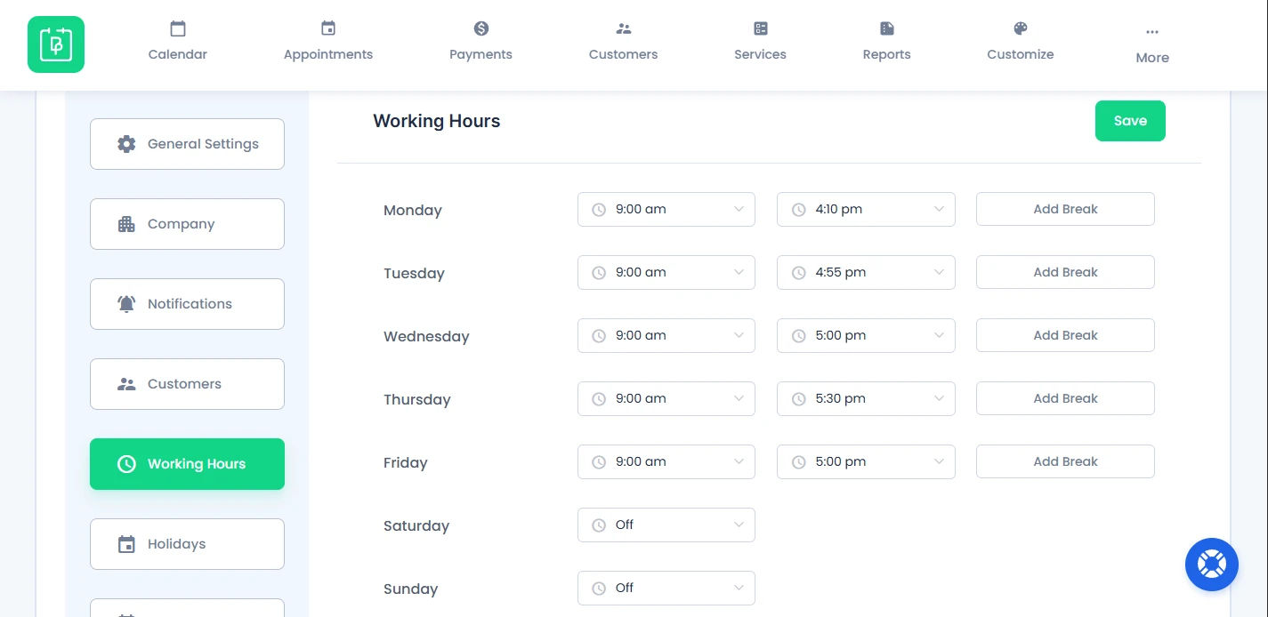 Configure General Working Hours