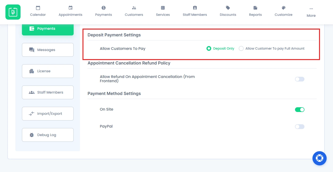 Deposit Payment Settings