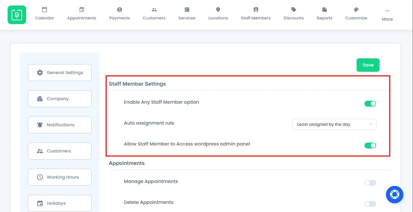 General Staff Member Settings