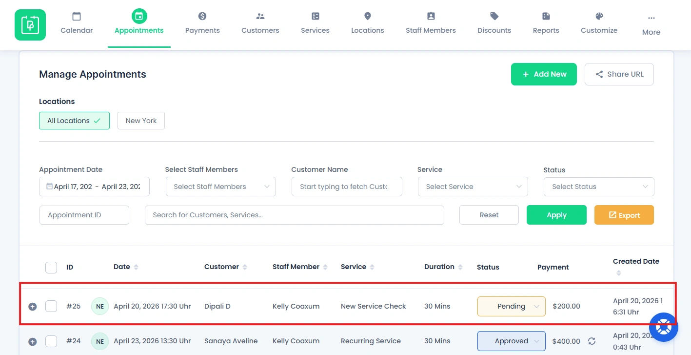 Manage appointments page