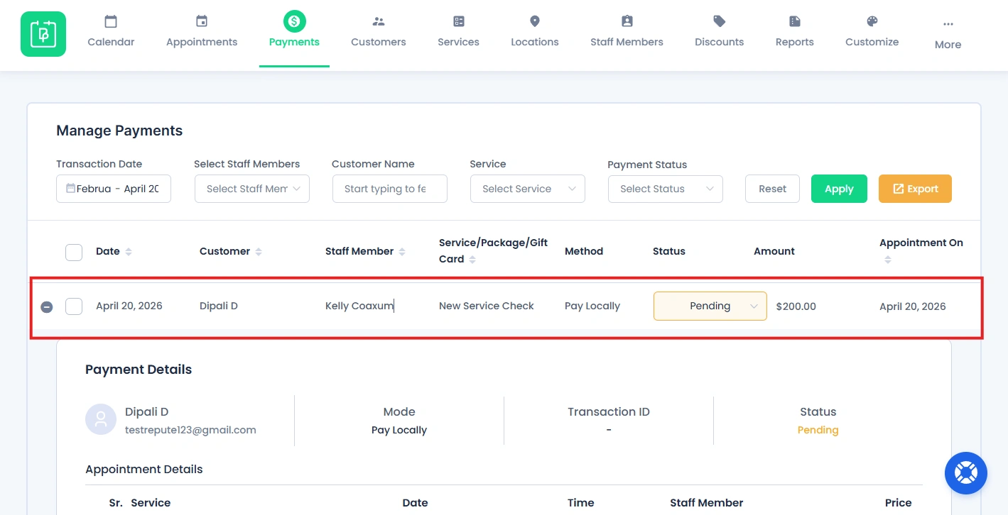 Manage Payments Page