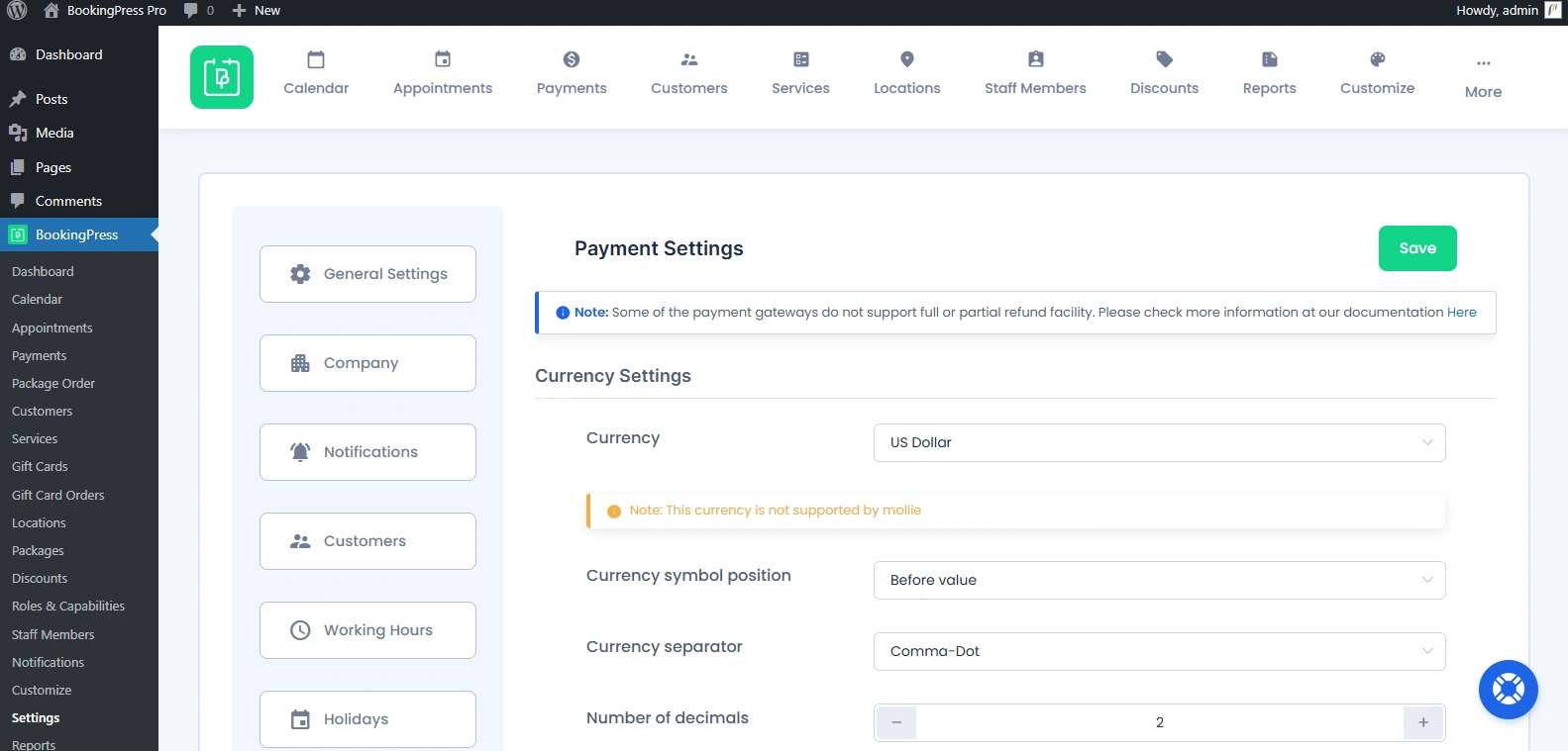 Payments Settings Page