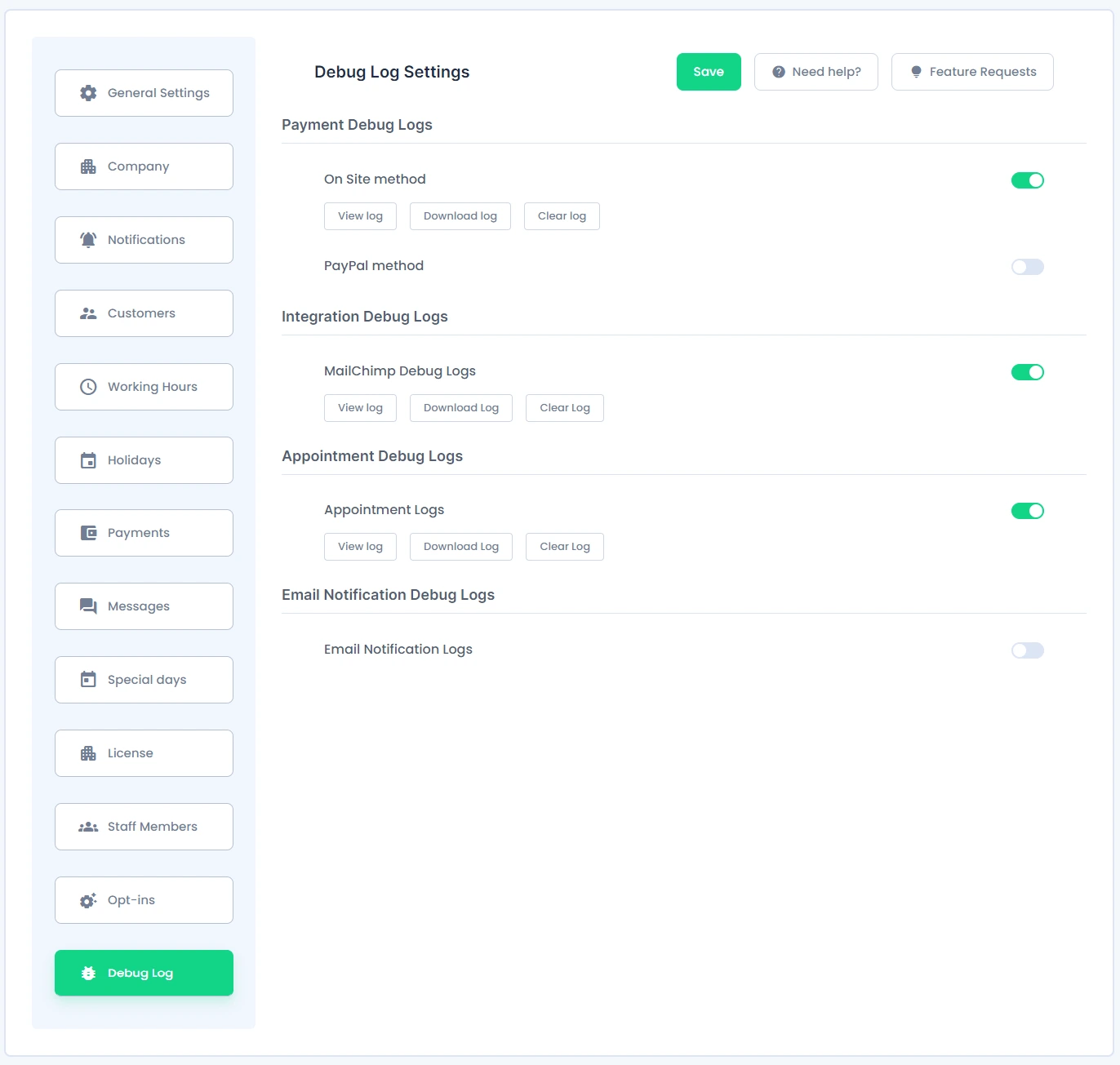 Debug Log Settings