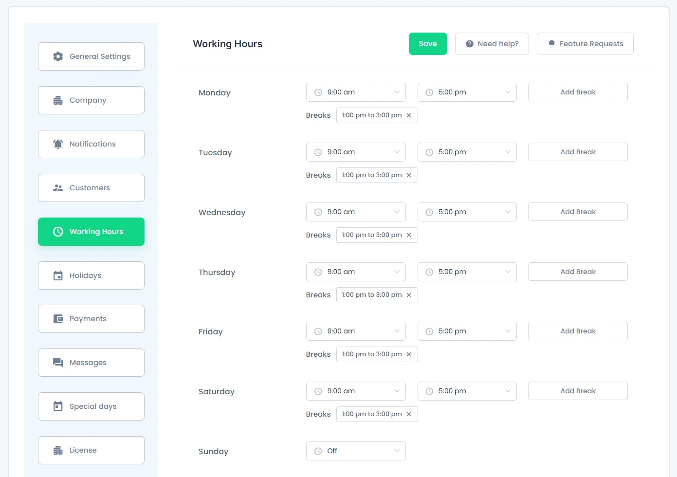 Working Hours Settings