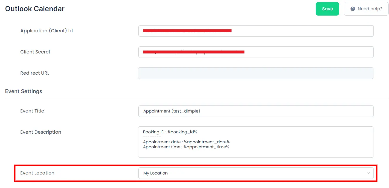 BookingPress - OUtlook Calendar location settings