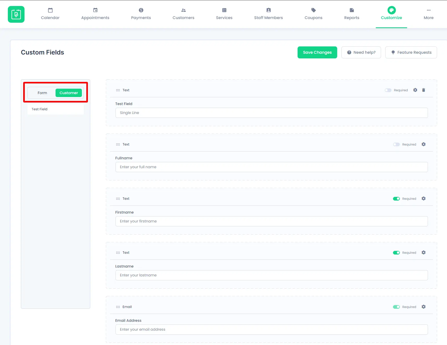 display customer fields in custom fields