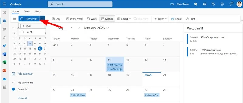 Click on the Outlook New Event button
