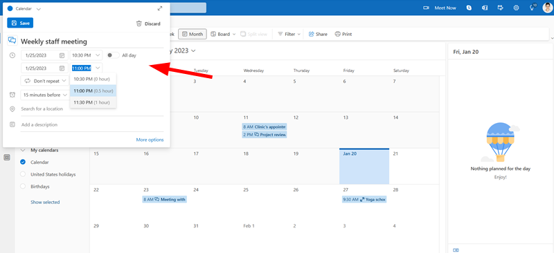 Scheduling a meeting in Outlook