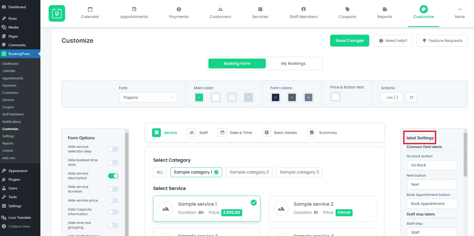 customize booking form labels