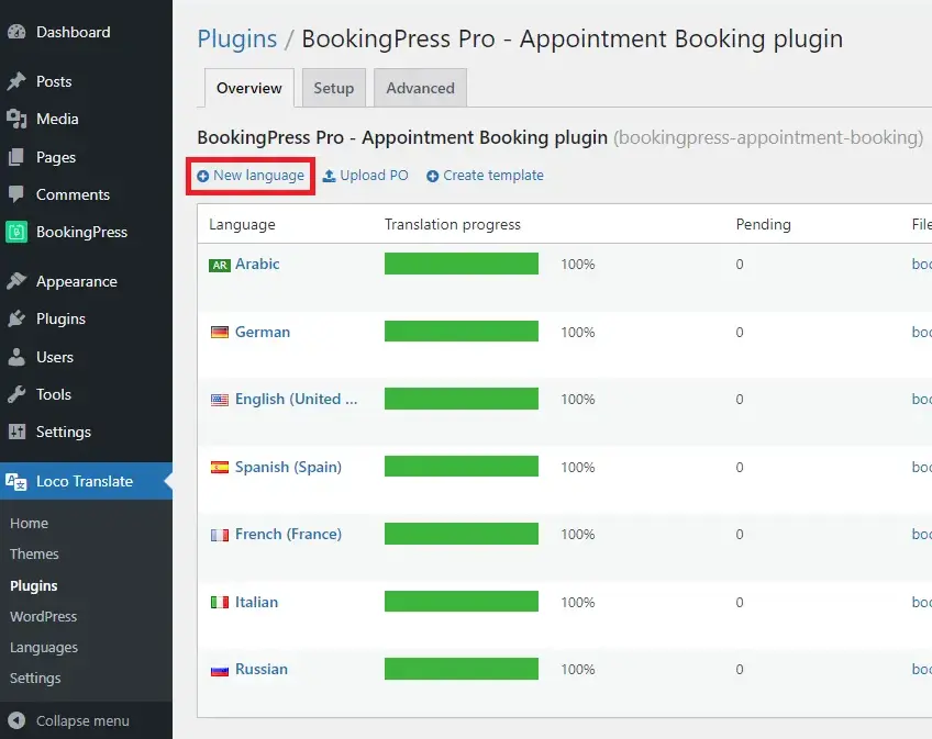 bookingpress loco translate add new language