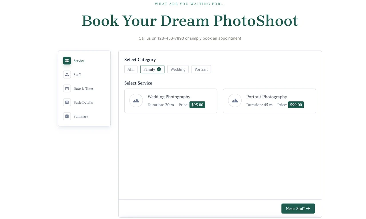bookingpress booking page for photography