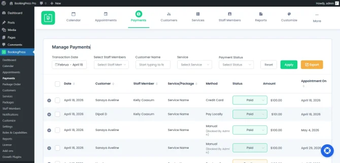 Manage Payments Page