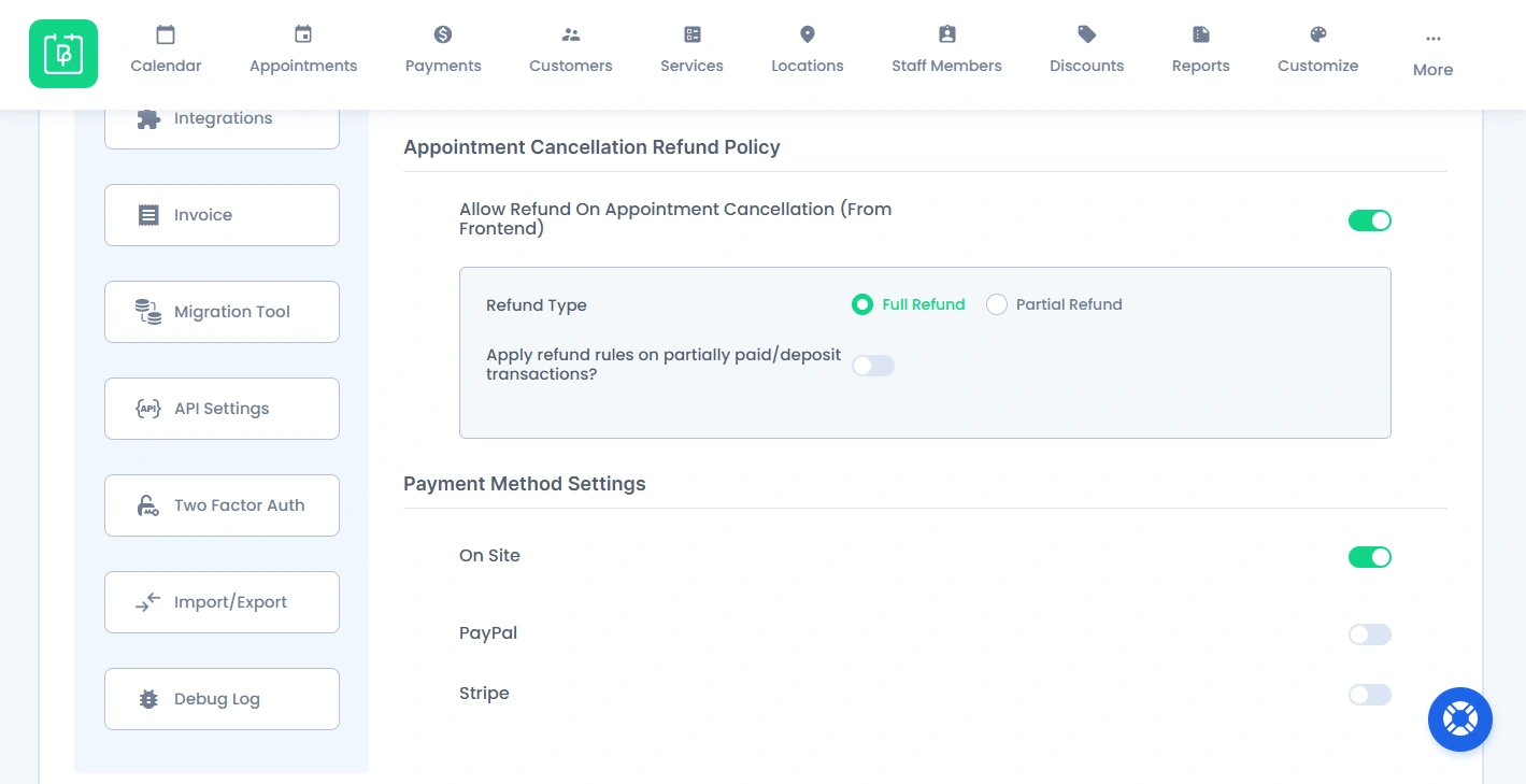 Appointment Cancellation Refund policy from Frontend