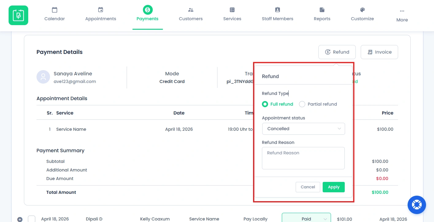 Choose Refund Type from Payments Panel
