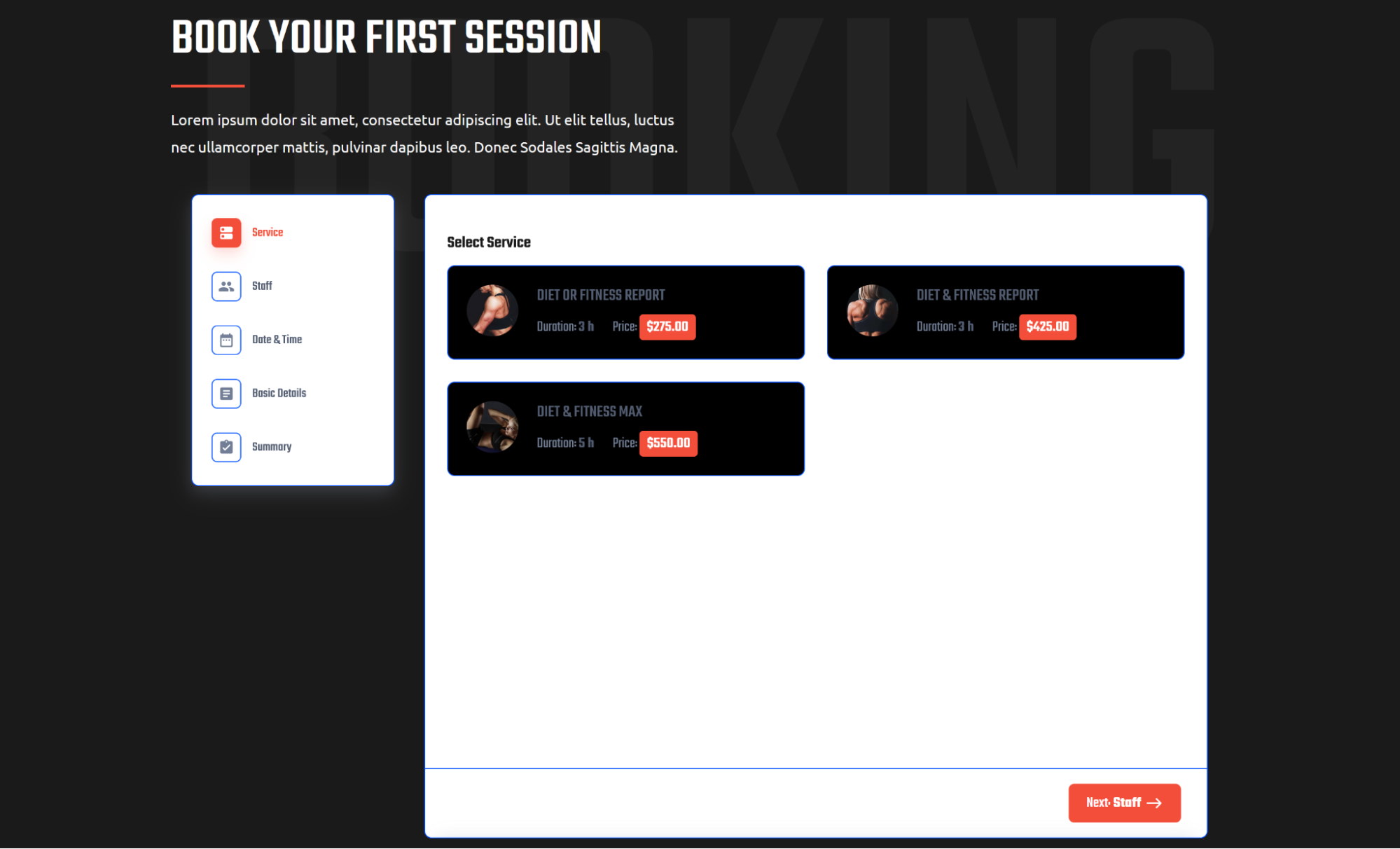 An example of the BookingPress widget for fitness studios