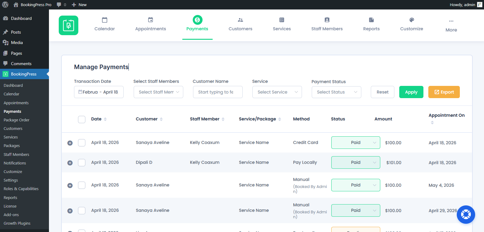 Manage Payments Page