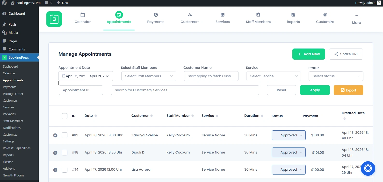 Manage appointments page