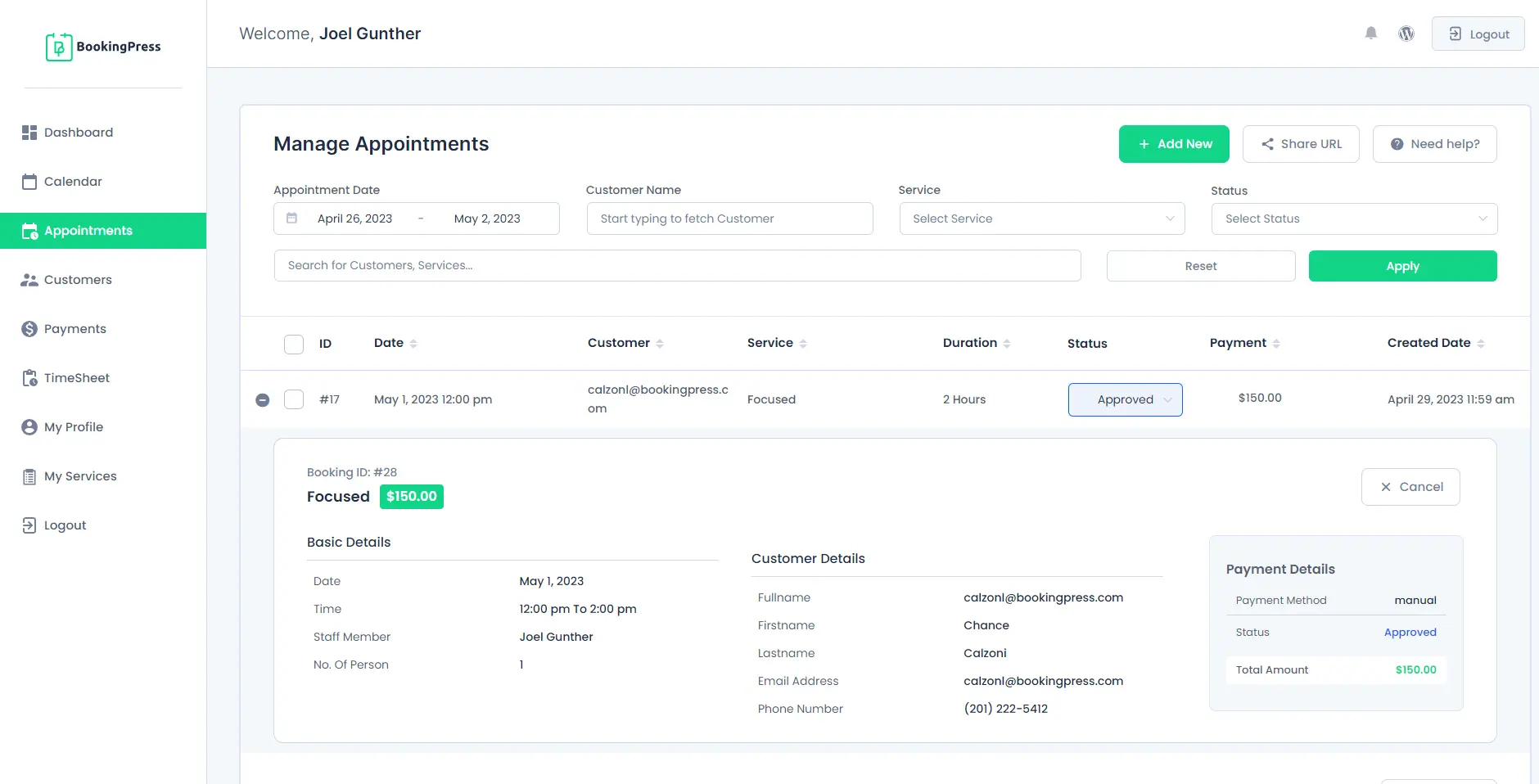 staff members dashboard appointments