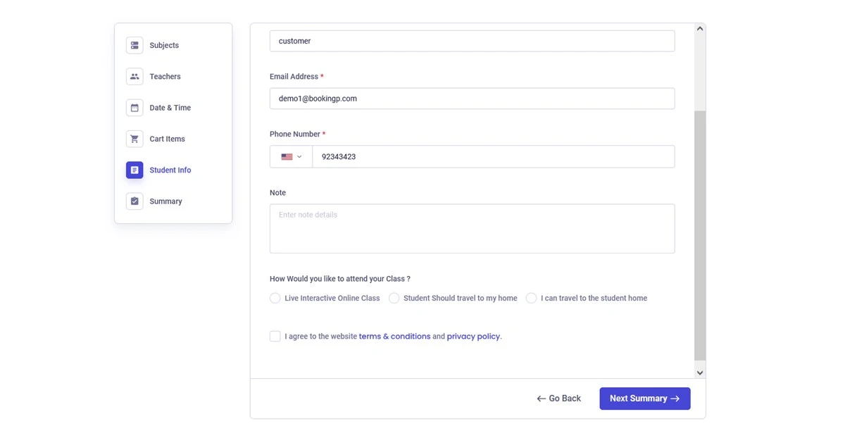 Booking form