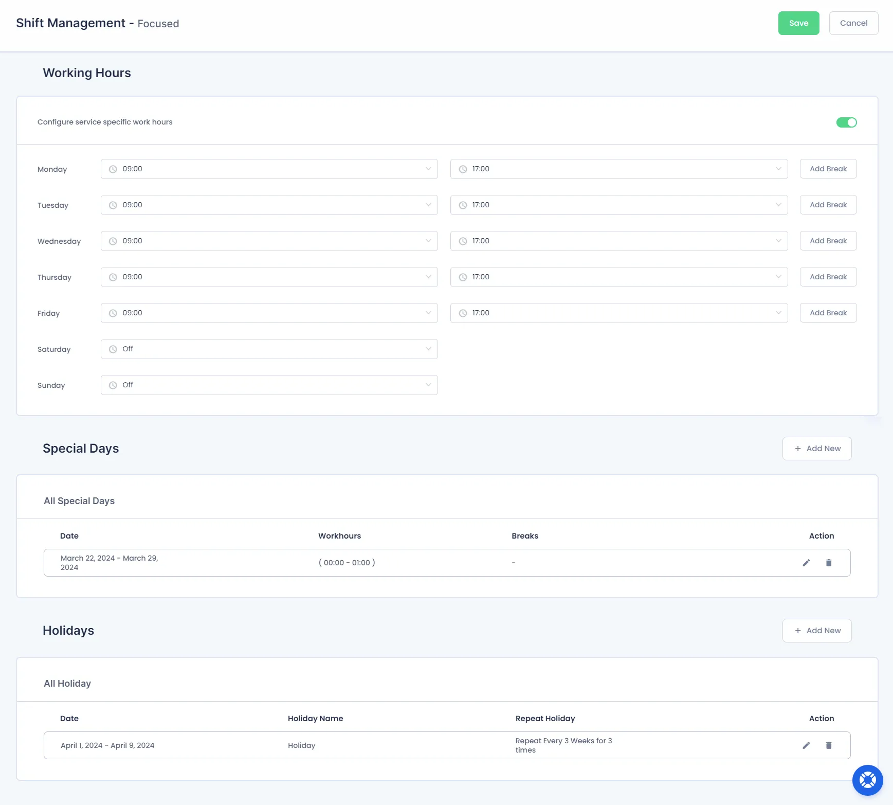 Service Shift Management