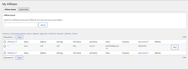 affiliate details in wordpress affiliate manager