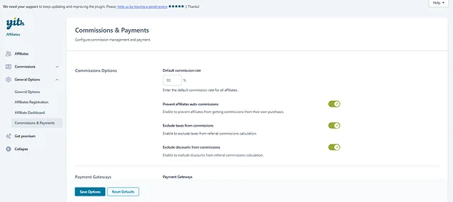 commissions and payments setting in yith