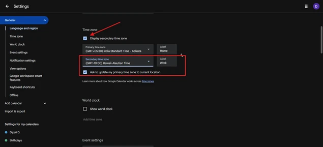 google calendar dual time zone setting