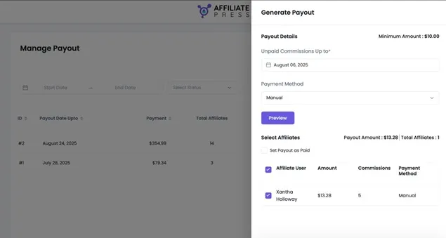 AffiliatePress one click payout option