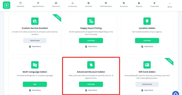 activate bookingpress advanced discount add-on