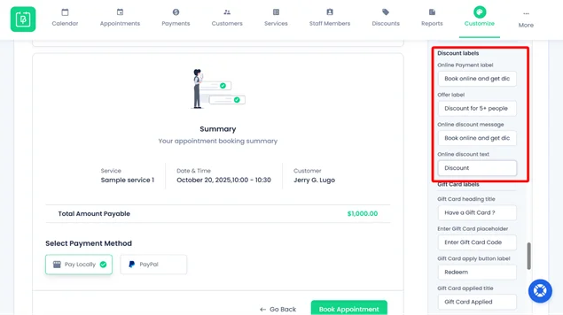 bookingpress discount message customization