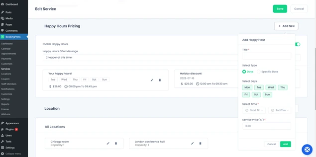 bookingpress happy hours pricing addon