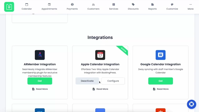 bookingpress integration page with activate apple calendar integration