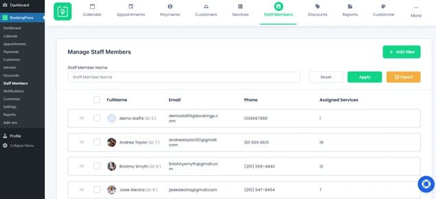 bookingpress manage staff members page