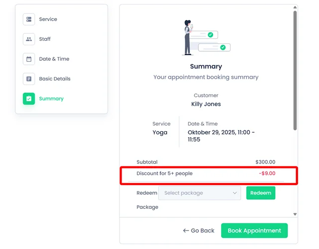 bookingpress summary page discount text