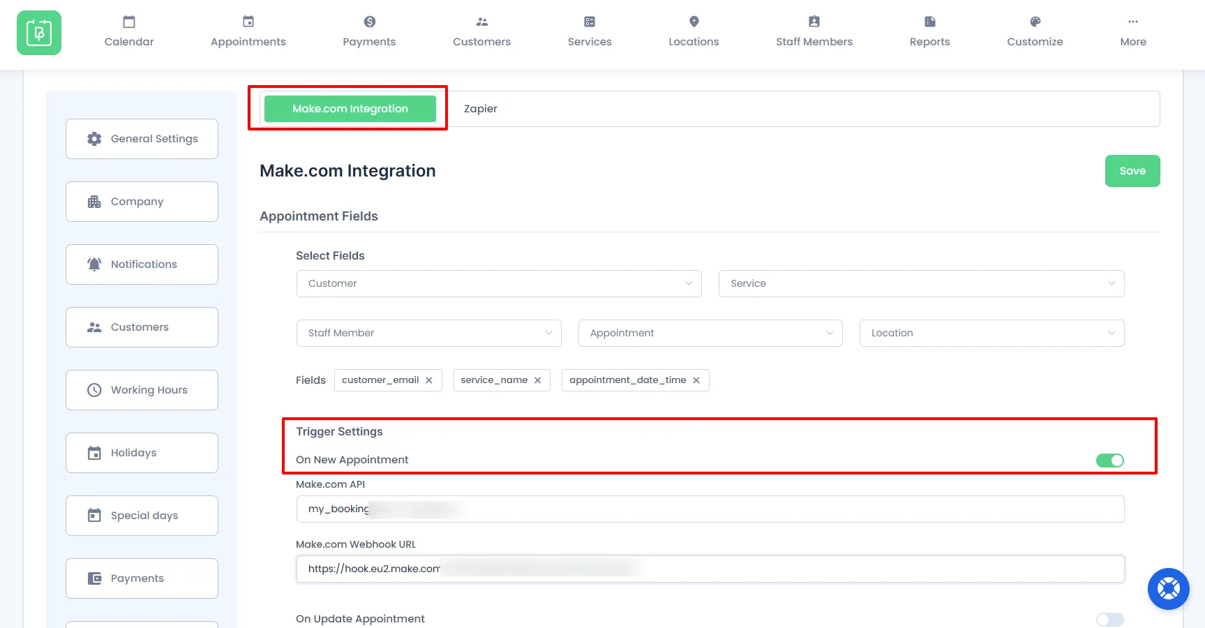 Make.com Integration trigger settings