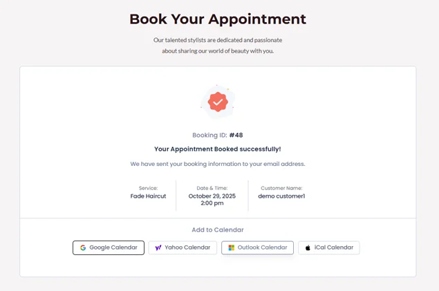 booking screen with calendar integration