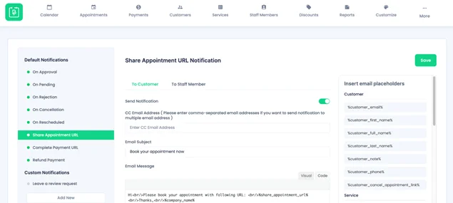 appointment url notification setting