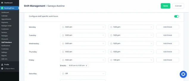bookingpress working hours setting