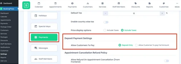 set deposit payment setting