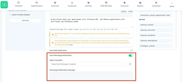 whatsapp notification template setting