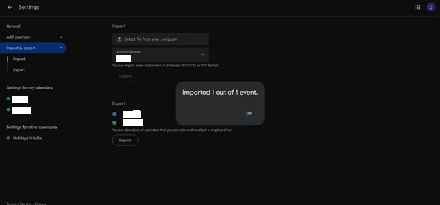 ics file imported in google calendar