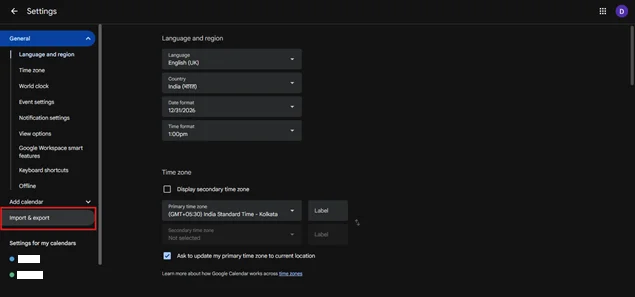 open google calendar import export setting