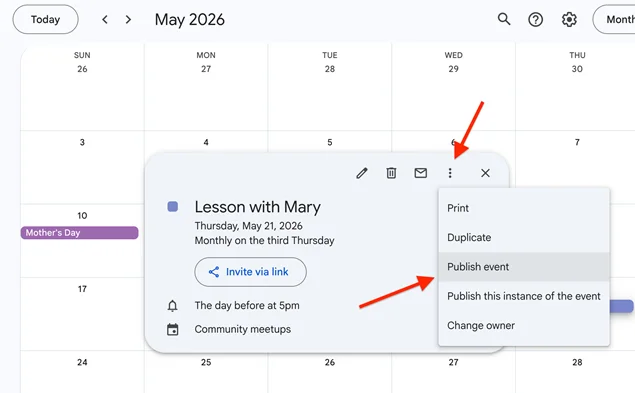 publish google calendar event