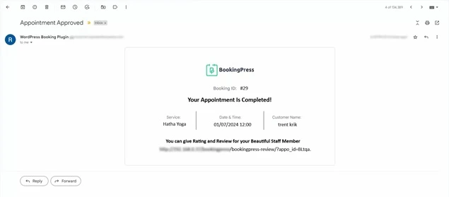 booking confirmation notification